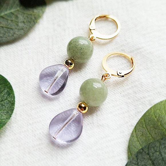 Ethereal Fairycore Earrings, Mystical Romantic Dangles, Gold Plated Jade Earring - Picture 1 of 6